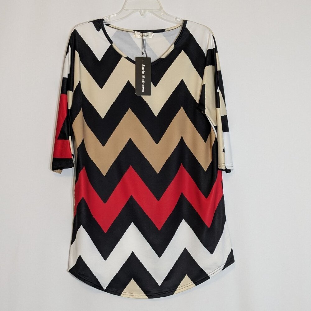 GUMUXI Satin, Chevron Pattern, Short Straight Dress; 3/4 Sleeves; Size L